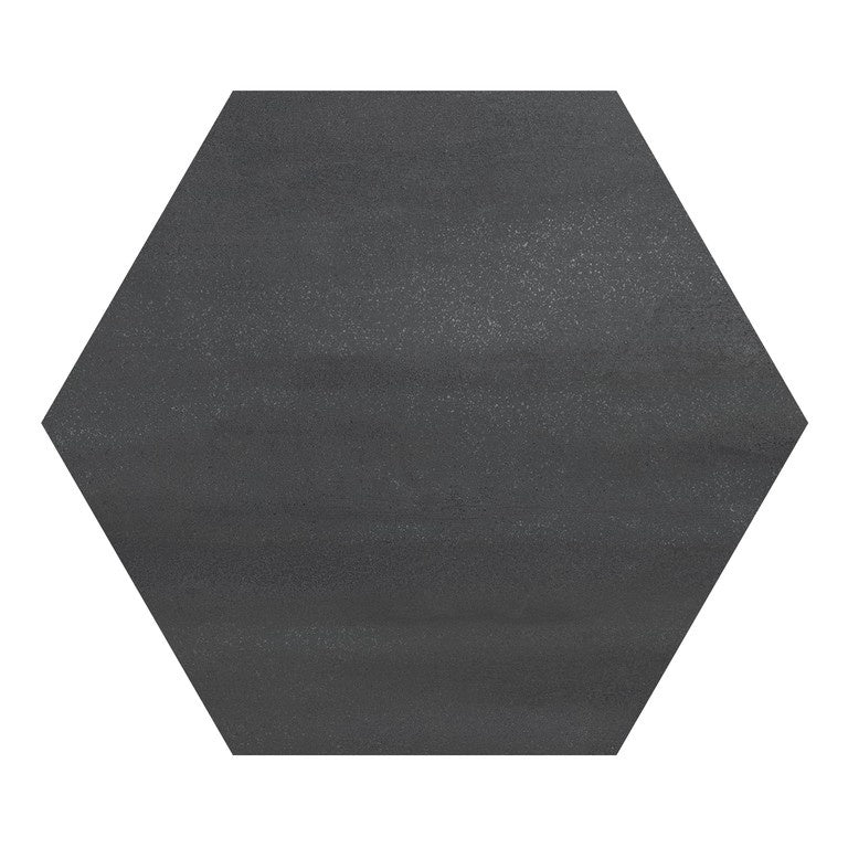 Hexagonal matte porcelain tile in deep night blue, evoking urban sophistication with a sleek concrete-like texture and metallic shimmer.