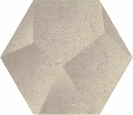 Hexagonal concrete-look porcelain tile in soft pebble gray with delicate handcrafted texture and refined matte finish.