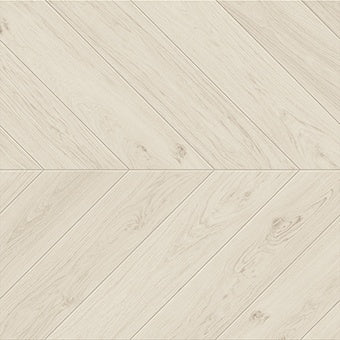 Matte white oak-look porcelain chevron tile with soft wood veins and knots, evoking serene warmth and organic elegance.