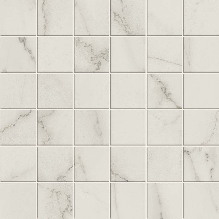 Matte white Calacatta marble-look porcelain mosaic with refined veining, timeless elegance for luxurious interiors.