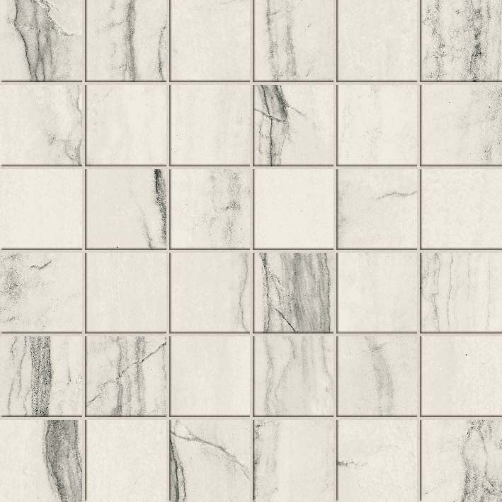 Matte porcelain mosaic with refined marble elegance in soft beige, interlocking squares for timeless luxury.