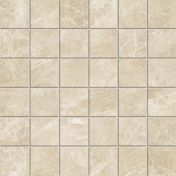 Matte cream marble-look porcelain mosaic with refined beige veining, arranged in a straight-stack pattern for timeless elegance.