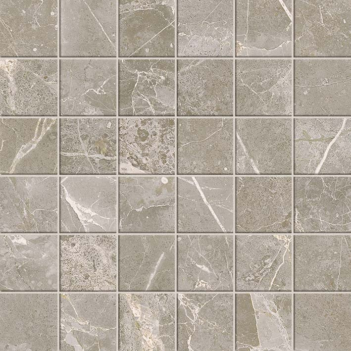 Straight-stack marble-look mosaic in refined Franklin Gray, matte porcelain squares with timeless elegance for sophisticated interiors.