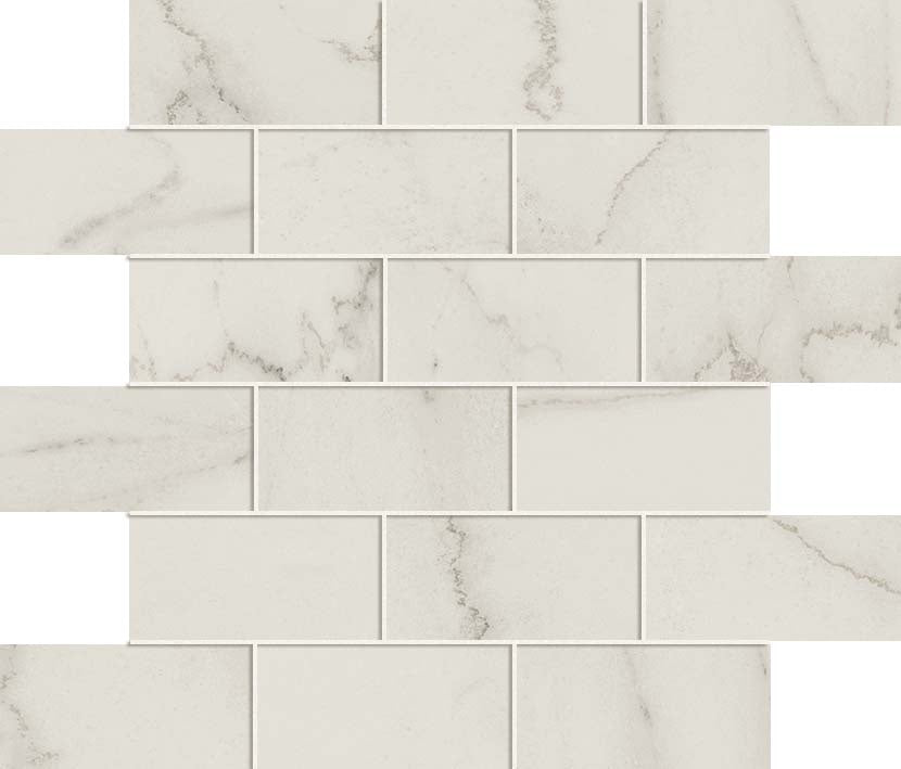 Matte white Calacatta marble-look porcelain mosaic with refined veining in an elegant staggered brick pattern.