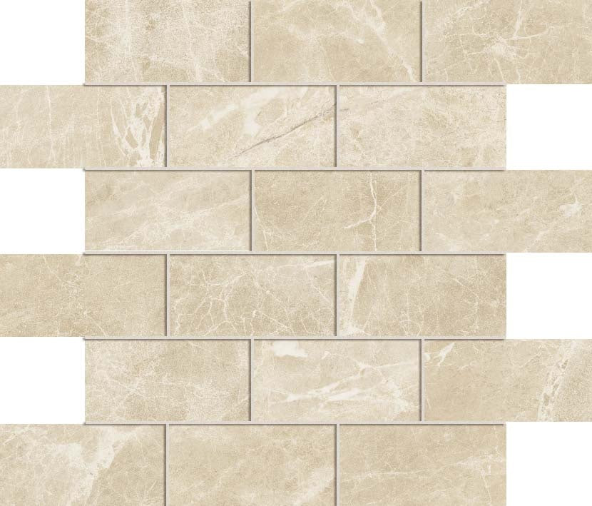 Matte cream marble-look porcelain mosaic tiles in a refined staggered brick pattern, exuding timeless elegance for sophisticated spaces.