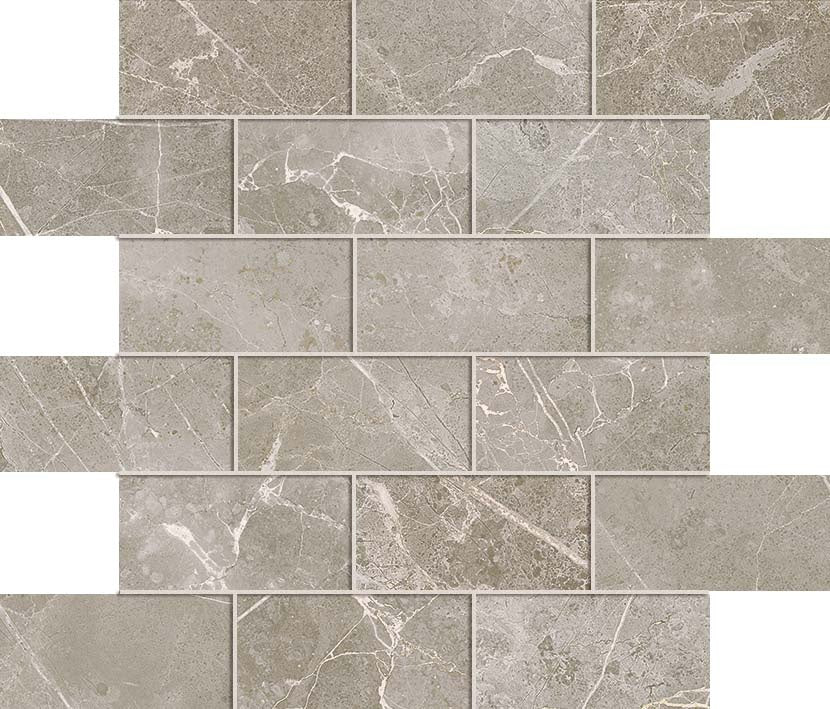 Matte gray marble-look porcelain mosaic with staggered brick pattern, exuding timeless elegance and refined luxury for sophisticated spaces.