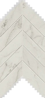 Matte white Calacatta marble-look porcelain chevron mosaic with refined veining, timeless elegance for luxurious interiors.