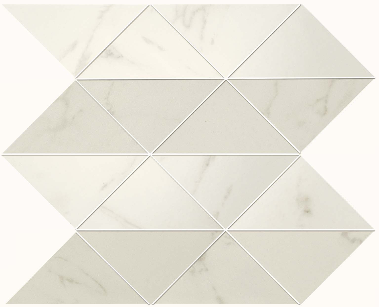 Matte white Calacatta marble-look ceramic mosaic with interlocking triangular prisms, radiating timeless elegance and modern luxury.