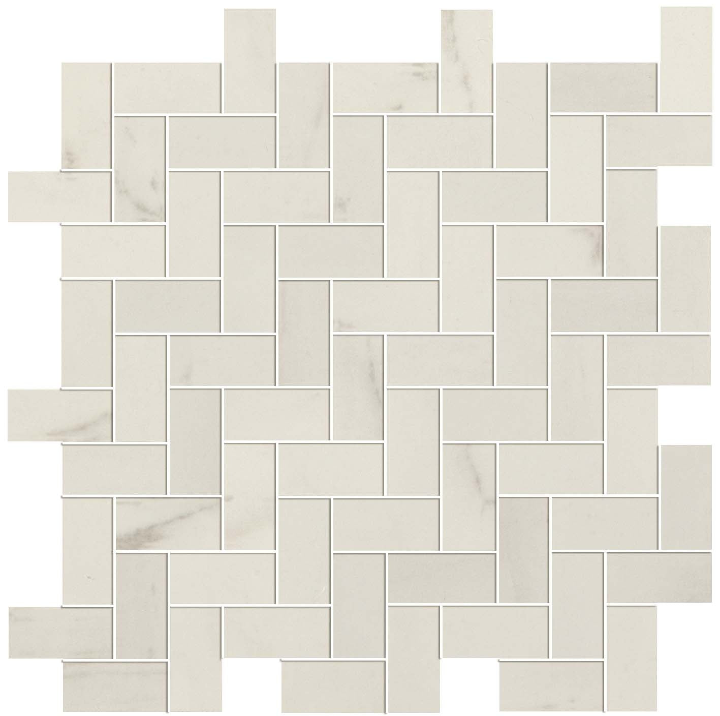 Matte white Calacatta marble-look ceramic herringbone mosaic with refined diagonal pattern, exuding timeless elegance.