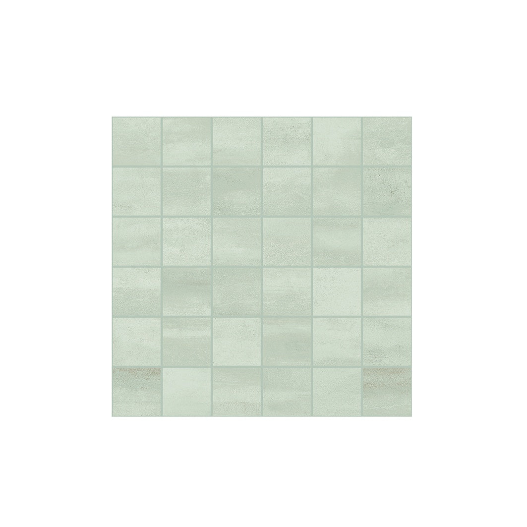 Matte white porcelain mosaic with urban concrete texture, interlocking square tiles in a sleek straight-stack pattern, exuding modern sophistication.
