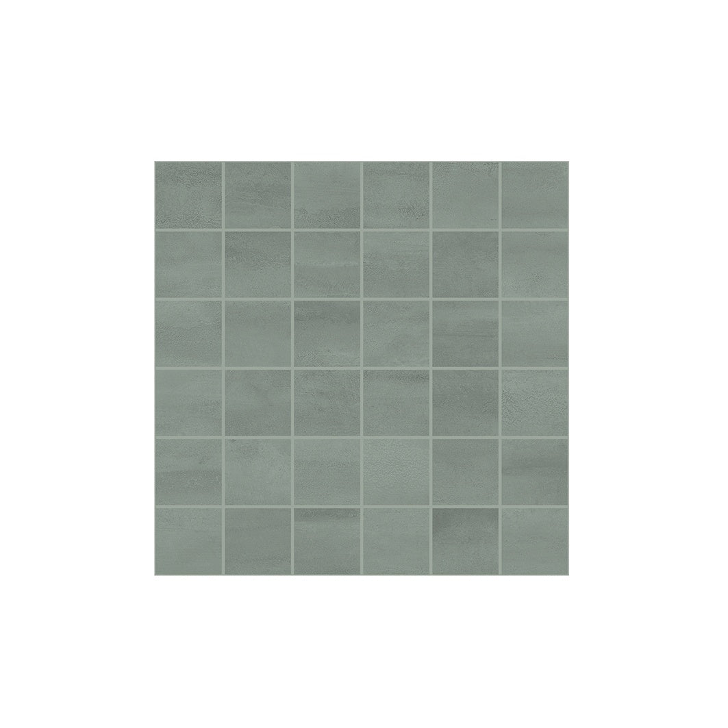 Matte gray porcelain mosaic with urban concrete elegance, interlocking square tiles in a sleek titanium hue, radiating modern sophistication.