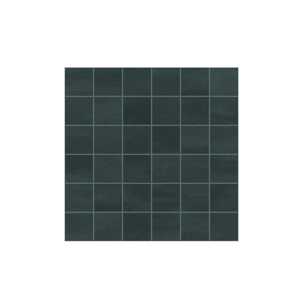 Matte blue porcelain mosaic tiles with urban concrete texture, interlocking square pieces in a sleek straight-stack pattern.