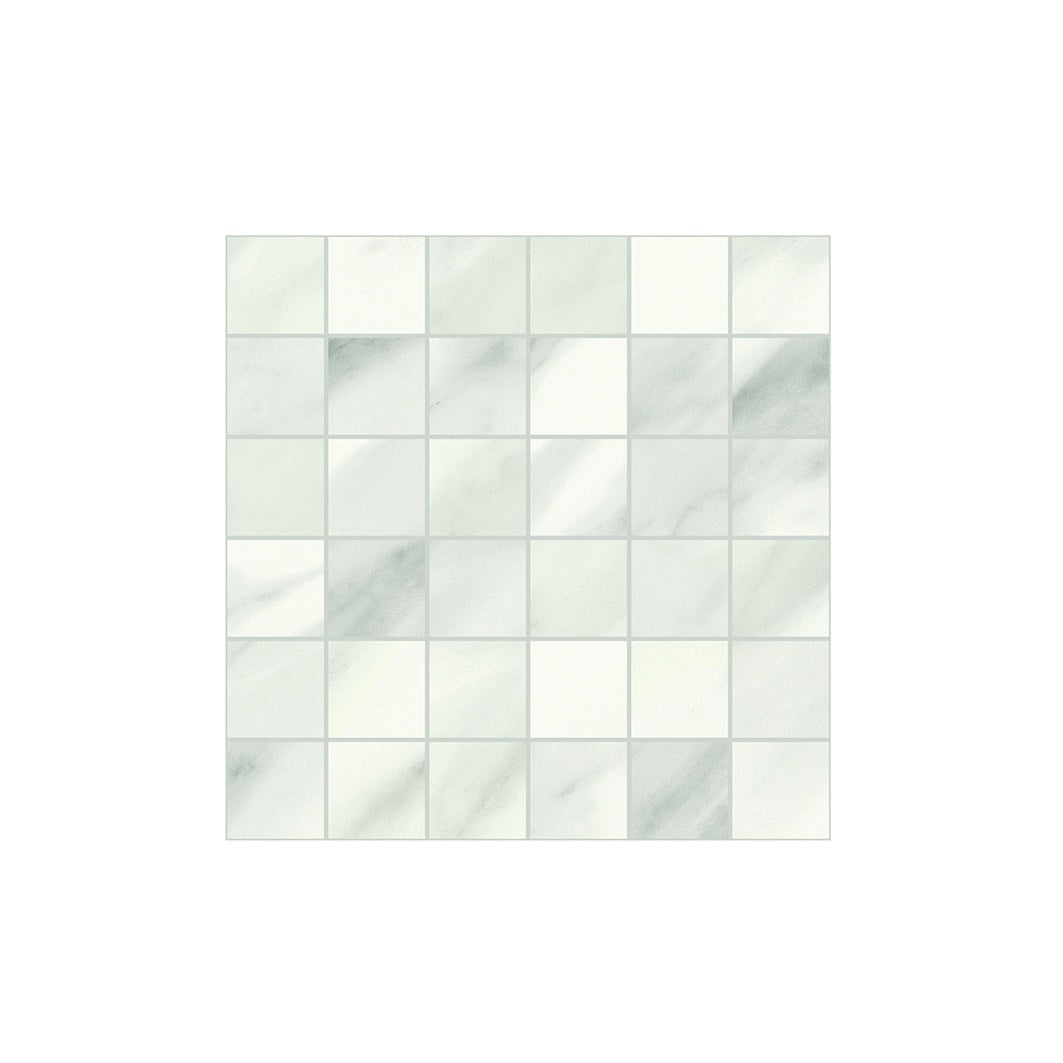 Elegant matte white marble-look porcelain mosaic with delicate gray veining, exuding timeless sophistication for refined interiors.