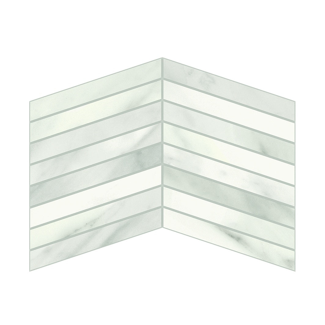 Matte white porcelain chevron mosaic with soft gray veins, evoking timeless Volakas marble elegance for refined interiors.