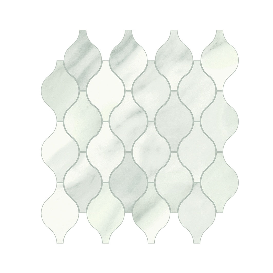 Matte white porcelain arabesque mosaic with delicate gray veins, evoking timeless Volakas marble elegance.