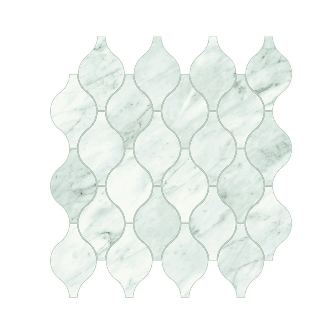 Elegant Arabesque mosaic in matte Carrara marble-look porcelain, featuring delicate gray veins on a luminous white field.