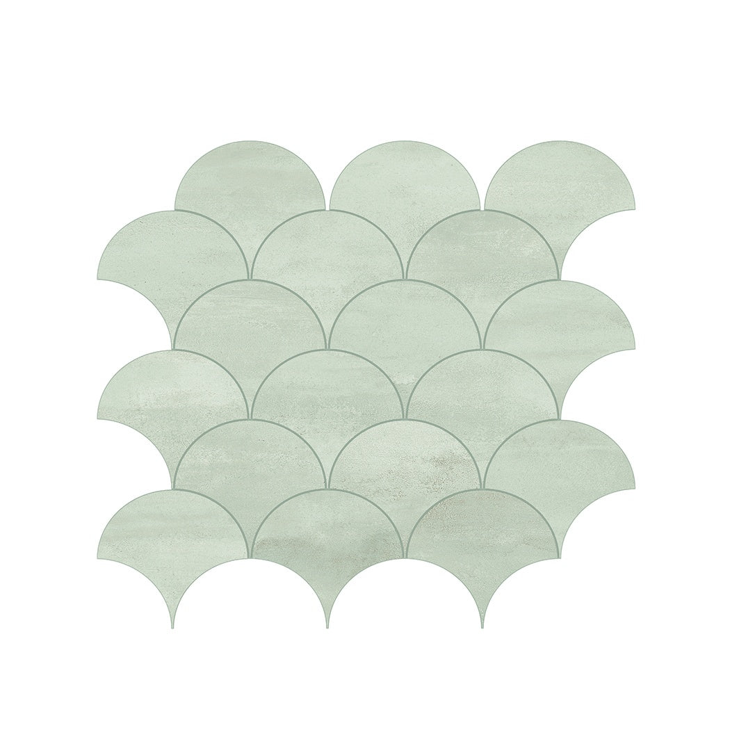 Matte white fish-scale mosaic tiles with urban concrete elegance and a subtle metallic shimmer for modern luxury interiors.