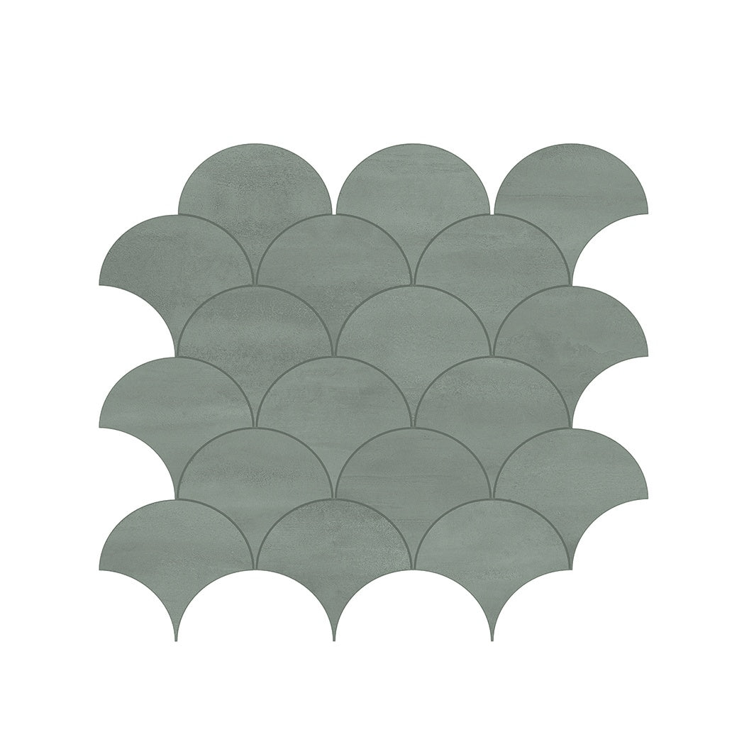 Matte gray fish-scale mosaic tiles with urban concrete texture and metallic luminescence for modern luxury interiors.