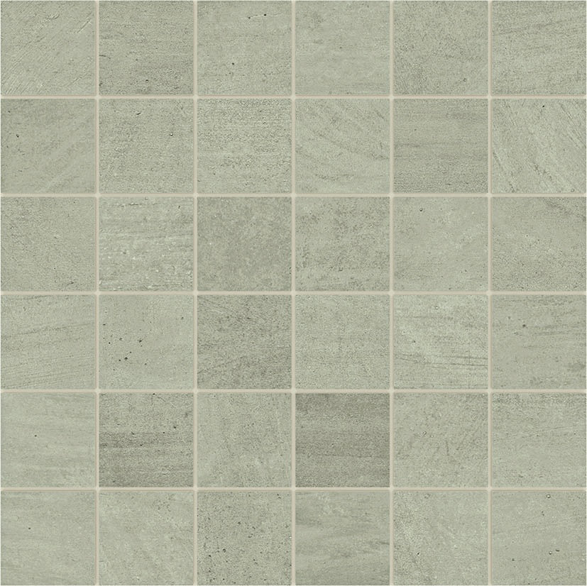 Handcrafted boho mosaic in soft fog gray, matte porcelain with organic warmth and earthy texture for serene, inviting spaces.