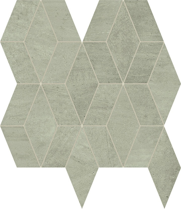 Matte gray diamond mosaic tiles with a warm, earthy boho charm and organic handcrafted texture.
