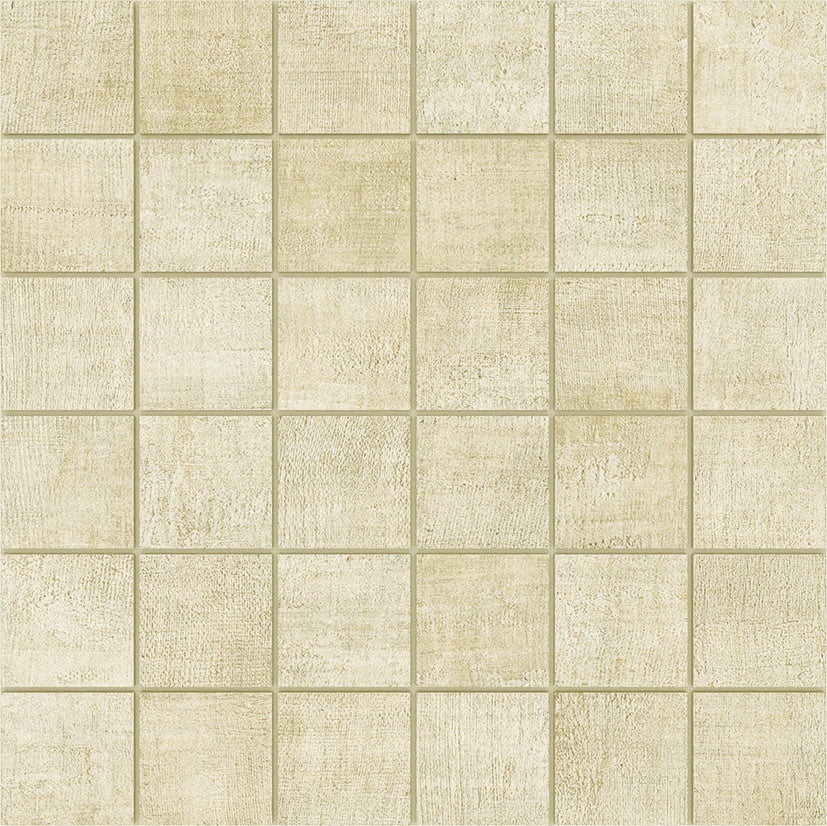 Ivory linen-look porcelain mosaic with a timeworn texture, offering delicate elegance and warmth for modern, textural interiors.