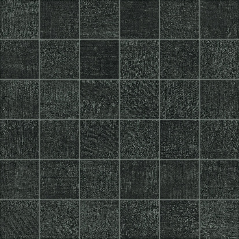 Black linen-textured porcelain mosaic with timeworn elegance, matte finish, and subtle interlocking squares for tactile sophistication.