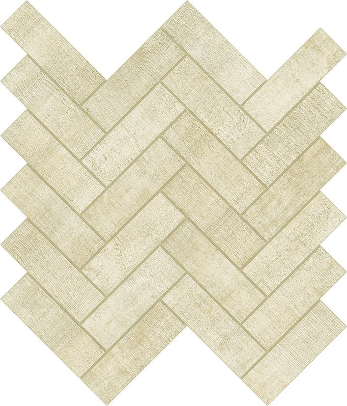 Luxury linen-textured porcelain mosaic in warm ivory, arranged in a soft herringbone pattern with timeworn elegance and matte finish.