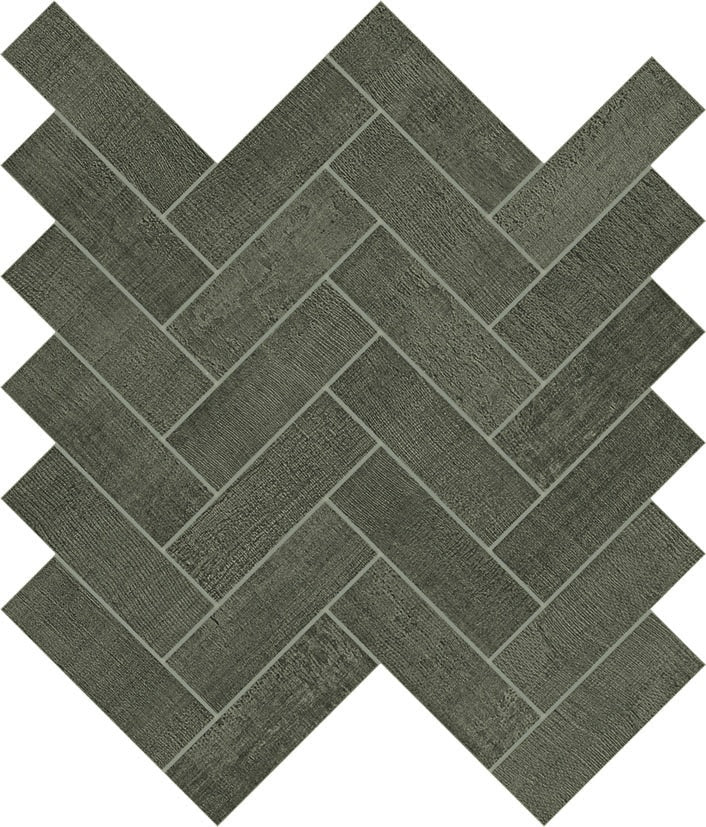 Timeworn linen-textured porcelain mosaic in warm tobacco, arranged in a delicate herringbone pattern with understated elegance.
