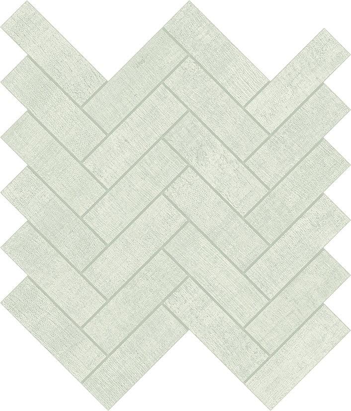 Matte white porcelain herringbone mosaic with a timeworn linen texture, exuding delicate elegance and warm, understated luxury.