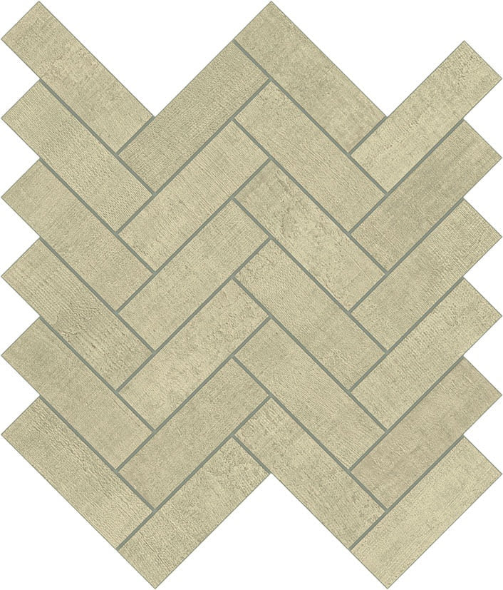 Timeworn linen-textured porcelain mosaic in warm sand, arranged in a delicate herringbone pattern with understated elegance.