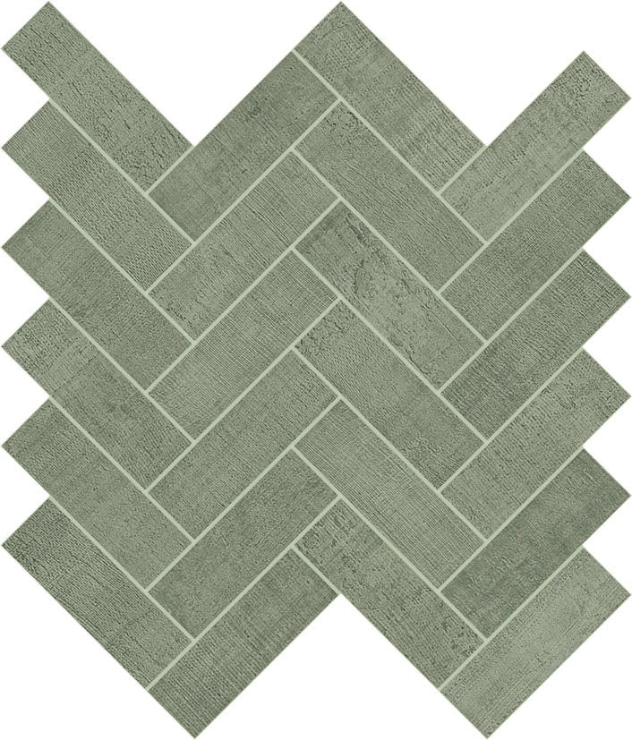 Luxury linen-look porcelain mosaic in soft gray with a timeworn herringbone pattern and matte finish for understated elegance.