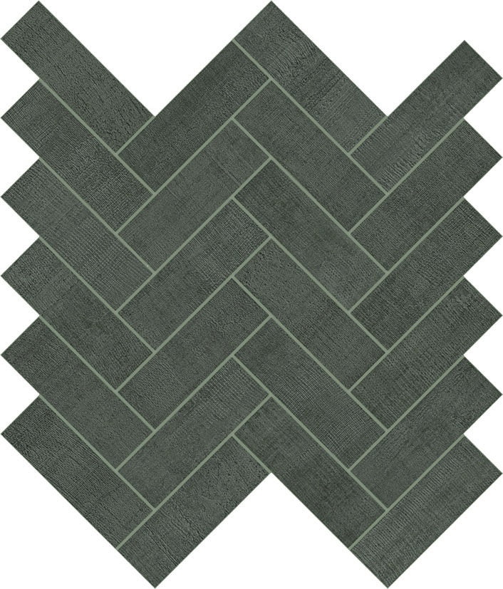 Soft gray herringbone mosaic with timeworn linen texture, matte porcelain tiles in delicate smoke tones, warm understated elegance.