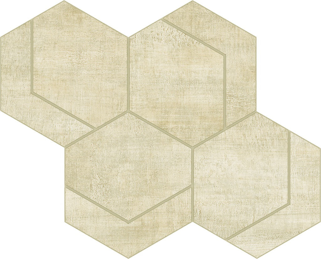 Hexagon mosaic tiles in soft ivory linen-look porcelain with a timeworn matte texture, evoking delicate elegance and organic warmth.