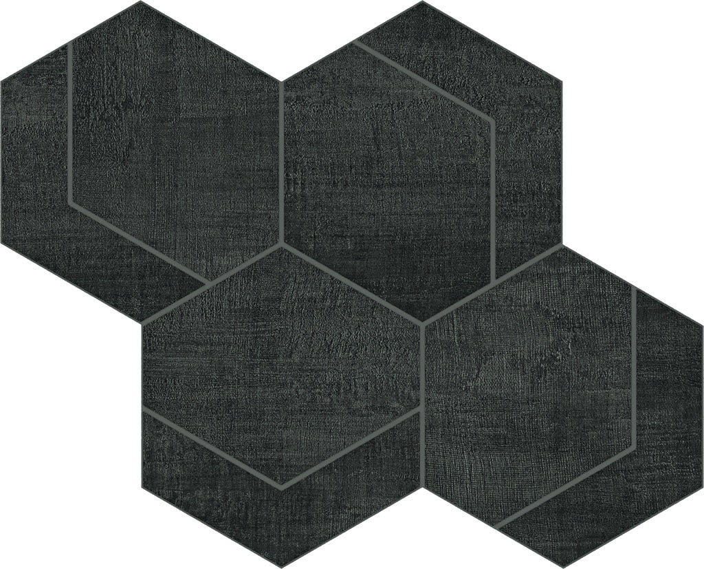Black linen-look porcelain mosaic with timeworn texture and delicate hexagonal pattern, exuding understated elegance and warmth.