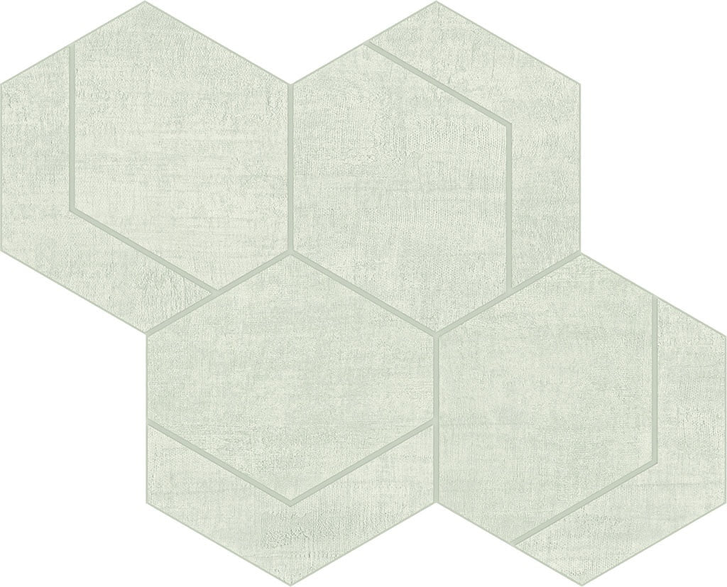 Hexagon mosaic tiles in soft matte white with a delicate linen texture and subtle timeworn elegance, perfect for serene modern interiors.