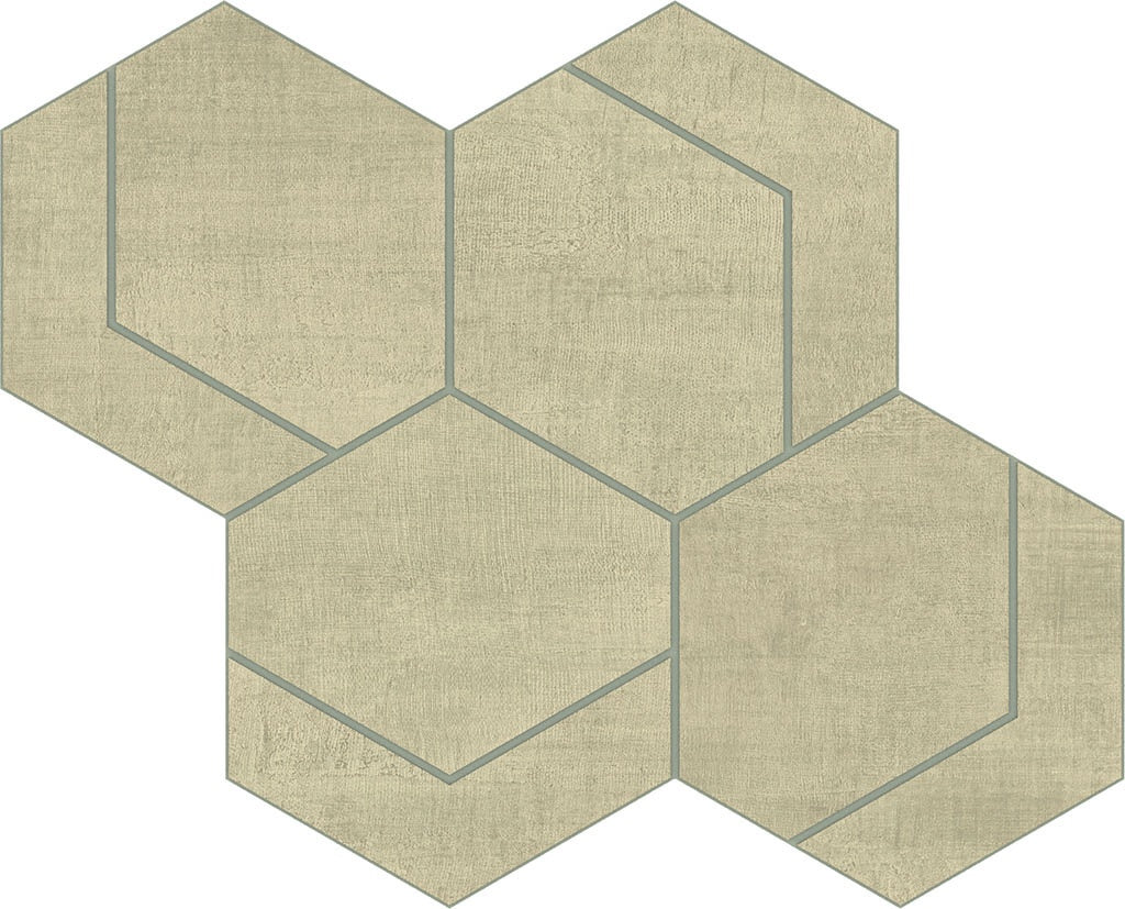 Hexagonal porcelain mosaic with timeworn linen texture in warm sand tones, offering delicate elegance and understated comfort.