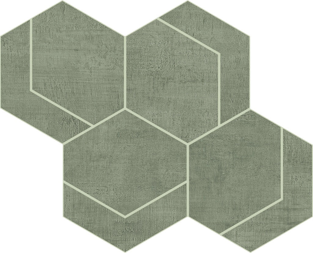 Soft gray porcelain hexagon mosaic with a timeworn linen texture, matte finish, and delicate interlocking pattern for understated elegance.