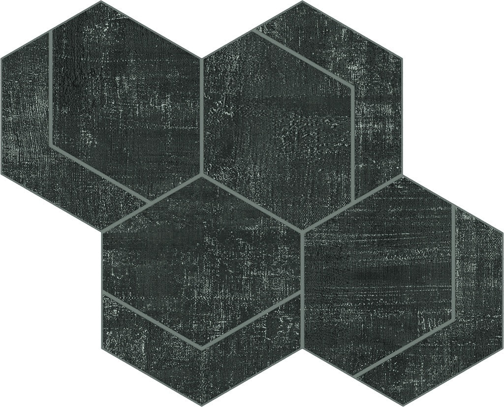 Hexagonal black porcelain mosaic with a timeworn linen texture, matte finish, and delicate metallic elegance for modern interiors.