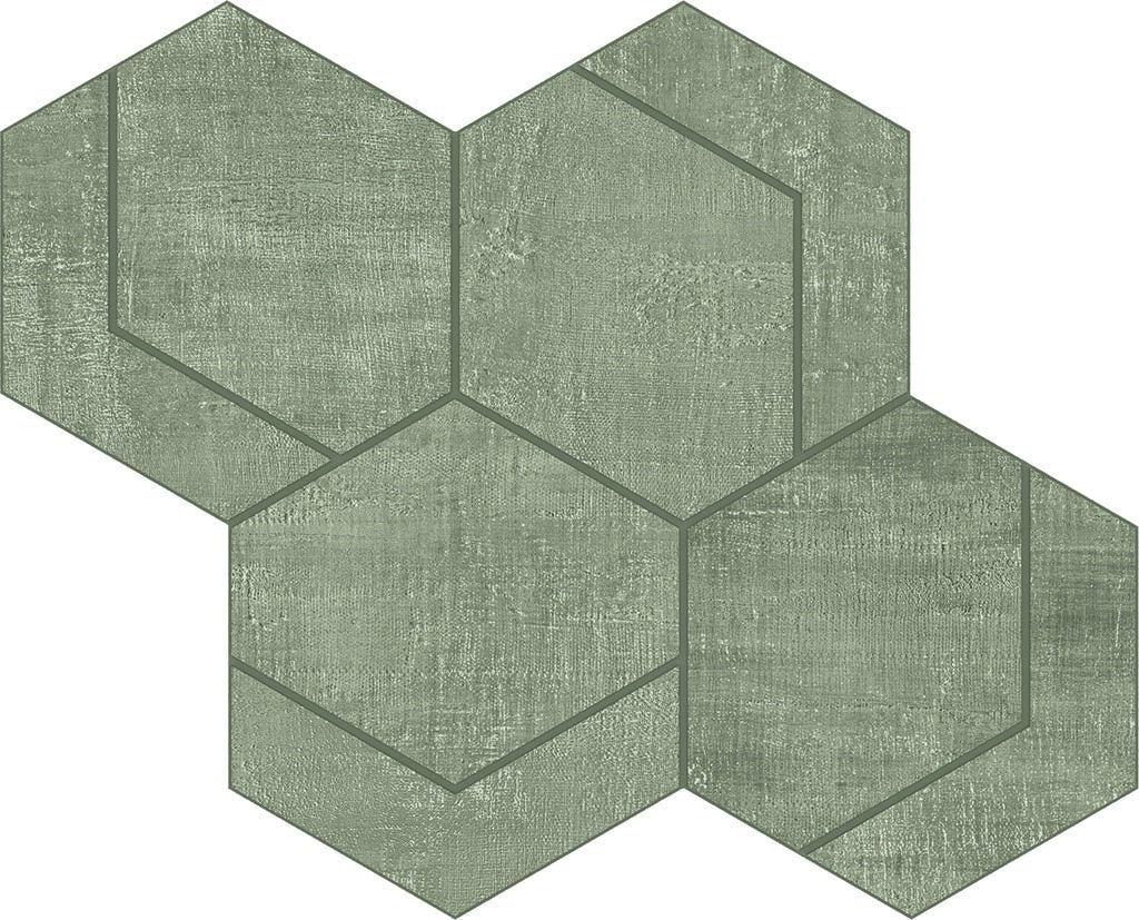 Matte gray porcelain mosaic with a timeworn linen texture, arranged in interlocking hexagons for understated elegance.