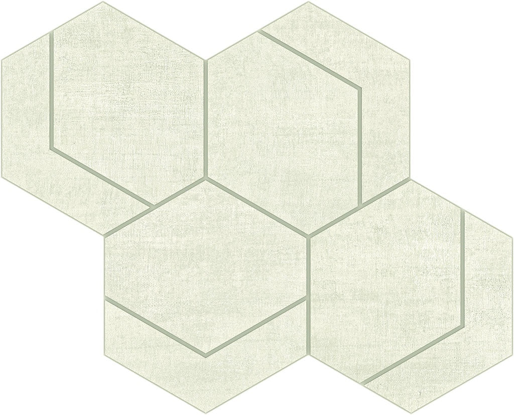 Hexagon porcelain mosaic with timeworn linen texture in soft metallic white, evoking delicate elegance and understated warmth.