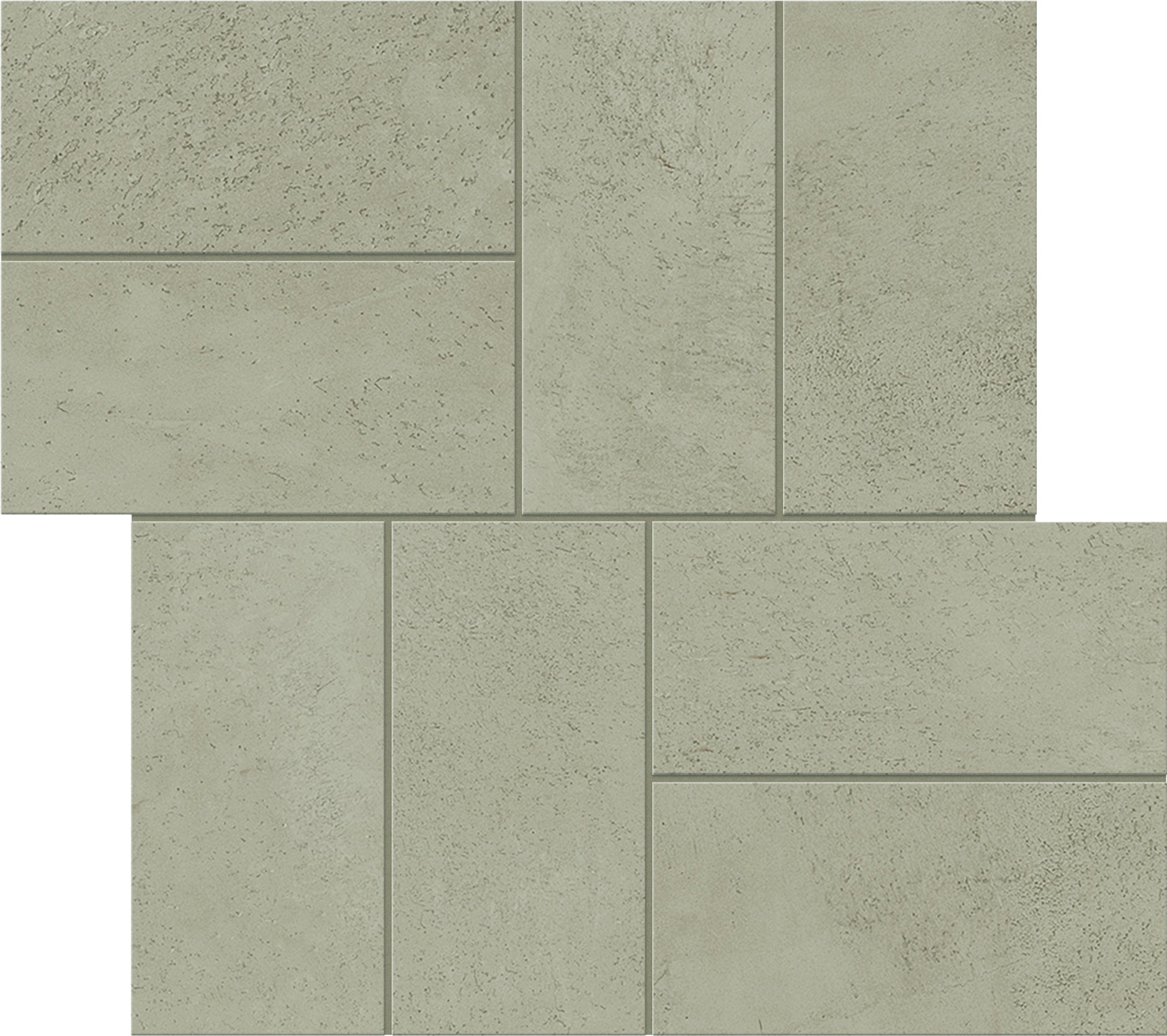 Smooth matte porcelain mosaic in raw ash gray, evoking serene earthy harmony with interlocking windmill-patterned rectangles.