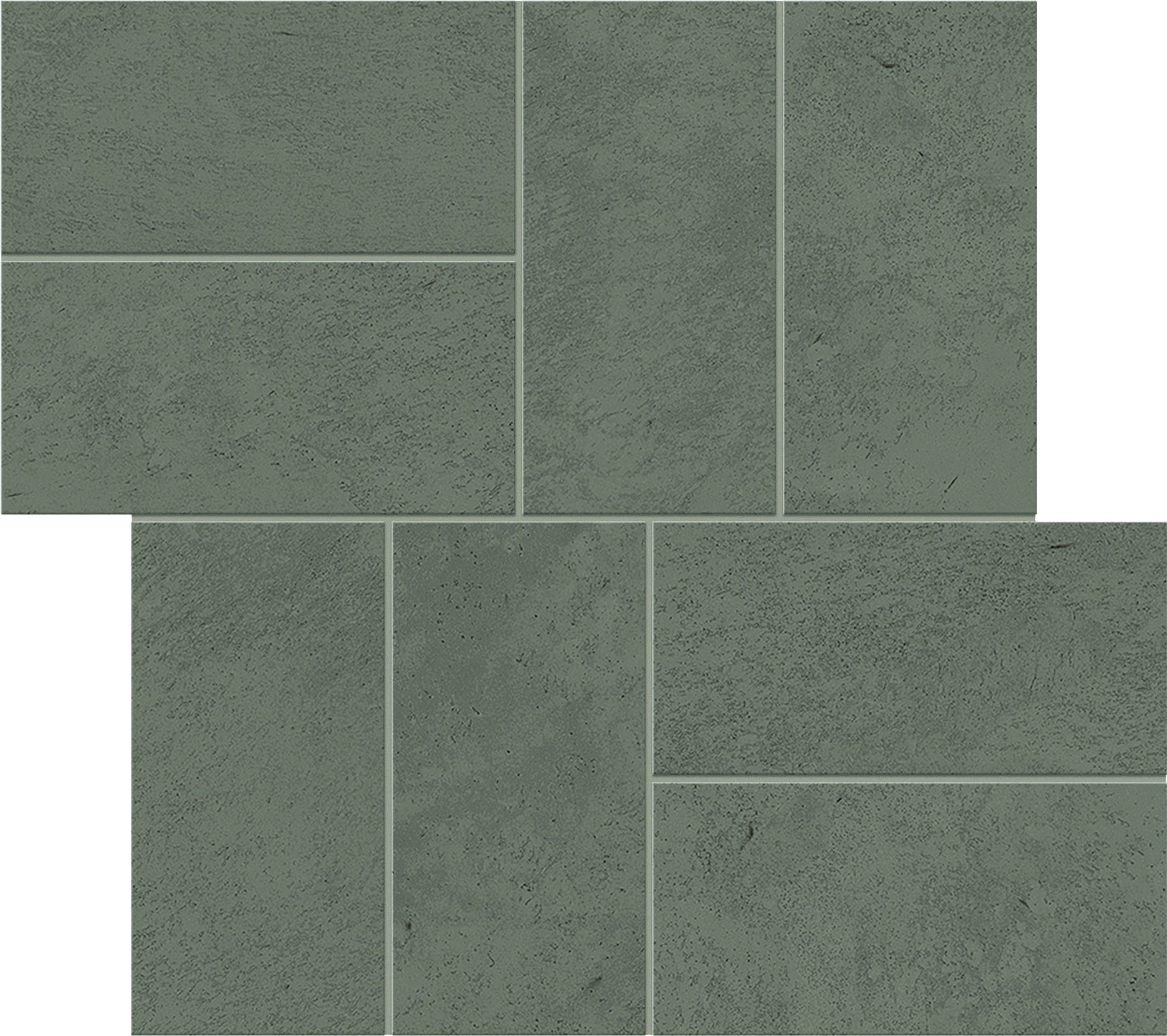 Matte gray porcelain mosaic with raw-earth texture, smooth interlocking rectangles in a tranquil, minimalist windmill pattern.