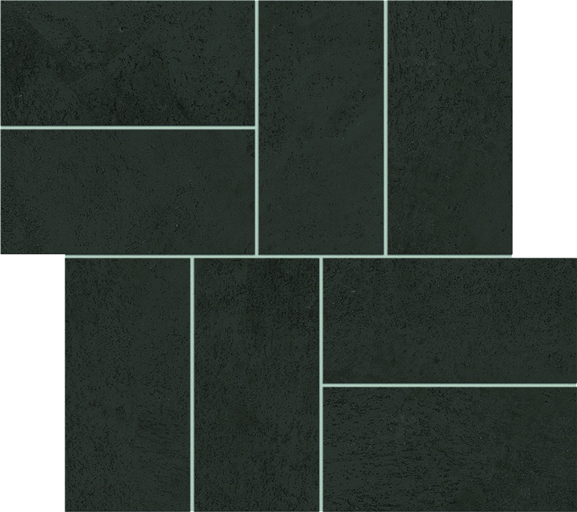 Black porcelain mosaic with a raw earth texture, smooth matte finish, and interlocking windmill pattern for serene, grounded elegance.
