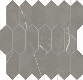 Interlocking gray marble-look porcelain mosaic with refined veining and matte finish for timeless elegance.