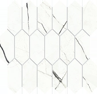 Glam White marble-look porcelain mosaic with refined Calacatta veining in a timeless interlocking picket pattern.