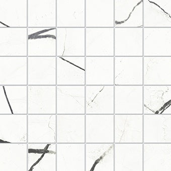 Matte white marble-look porcelain mosaic with subtle Calacatta veining, interlocking squares in a refined straight-stack pattern.