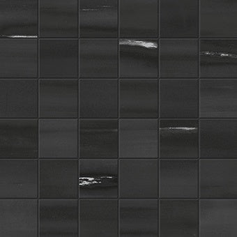 Black dolomite-inspired porcelain mosaic with delicate veins, matte finish, and refined interlocking squares for timeless elegance.