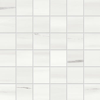 Matte white porcelain mosaic with delicate dolomite veins, evoking serene luxury in a refined interlocking square pattern.