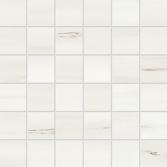 Matte white dolomite-look porcelain mosaic with delicate veins, exuding serene luxury for refined modern interiors.
