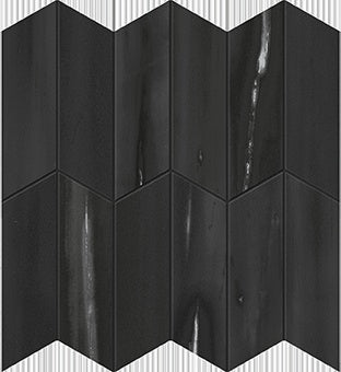 Black dolomite-inspired porcelain mosaic with delicate veins, matte finish, and interlocking chevron pattern for refined, timeless elegance.